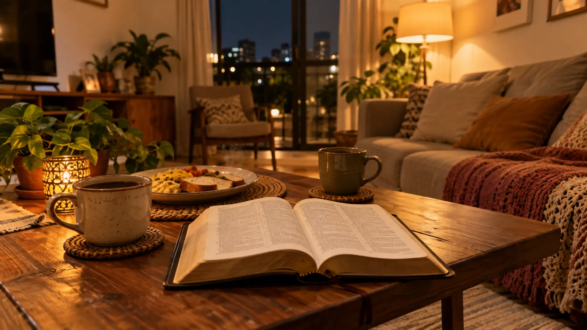 Mesa de casa com Bíblia aberta, café e comida preparada para um encontro de Link